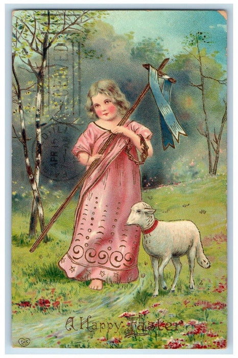 c1910's Easter Girl Cross Lamb Gel Gold Gilt Embossed Albion IL Posted Postcard