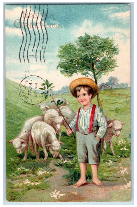 c1910's Easter Greetings Boy And Lambs Farm Embossed Posted Antique Postcard