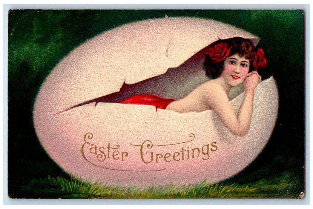 1910 Easter Greetings Hatched Egg Pretty Girl Curly Hair Johnstown PA Postcard