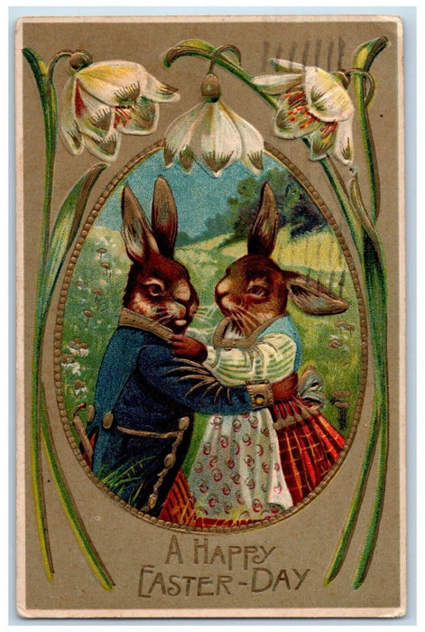 1909 Easter Anthropomorphic Military Maid Rabbit Dancing Flowers Posted Postcard
