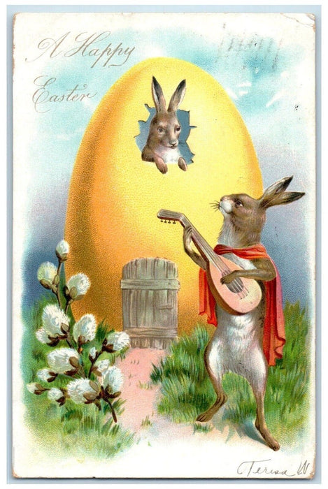 1907 Easter Anthropomorphic Rabbit Serenade Hatched Egg Flowers Tuck's Postcard