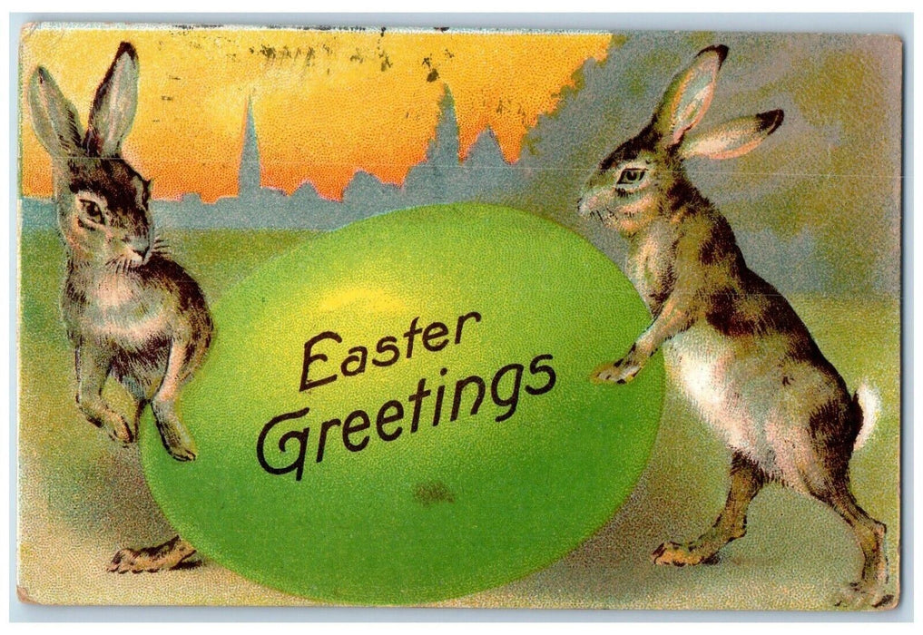 1910 Easter Greetings Bunny Rabbit Giant Egg Embossed Posted Antique Postcard