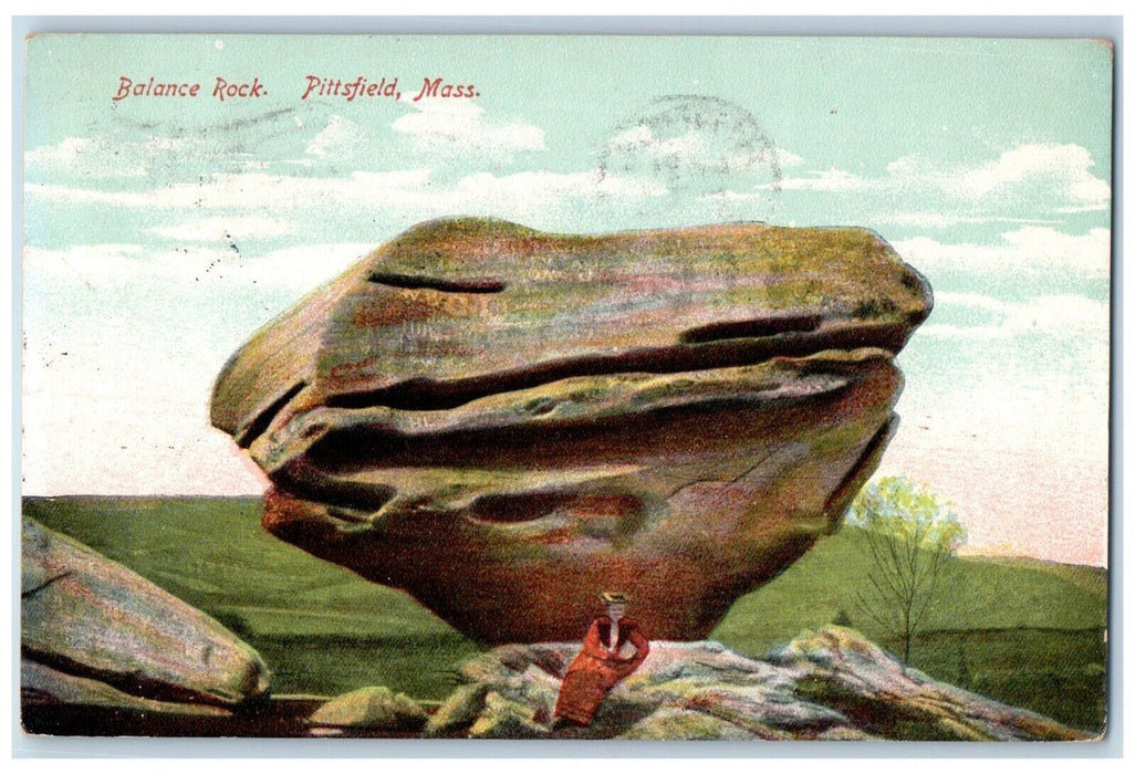 1909 Balance Rock Stack Woman Sitting Scene Pittsfield Massachusetts MA Postcard