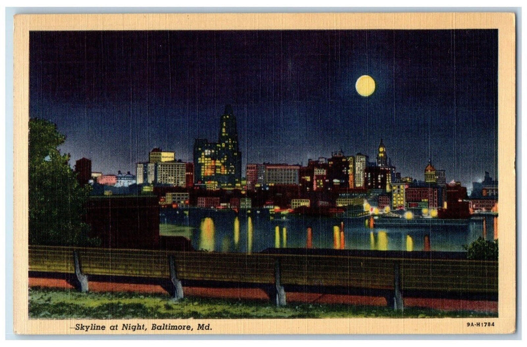 c1940 Skyline Night Moon Moonlight City Building Baltimore Maryland MD Postcard