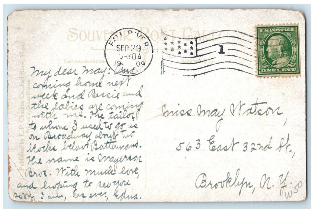 1909 Fall River Yacht Club Pier  Floating Home Fall River Massachusetts Postcard