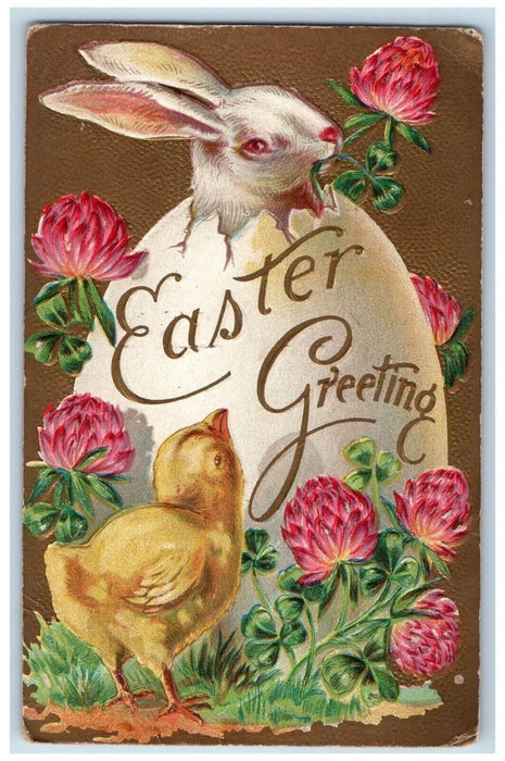 1909 Easter Greeting Hatched Egg Bunny Rabbit Chicks Flowers Shamrock Postcard