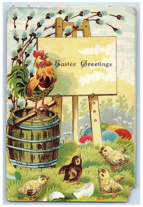 1907 Easter Greetings Rooster Hatched Egg Chicks Barrell Embossed Postcard