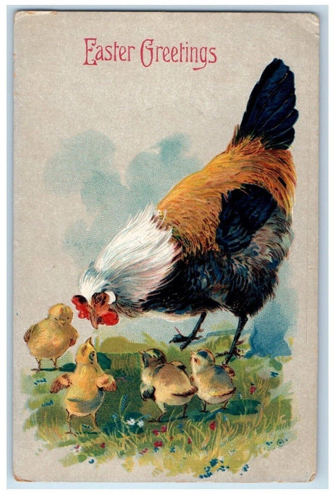 c1910's Easter Greetings Rooster Chicks Embossed Posted Antique Postcard