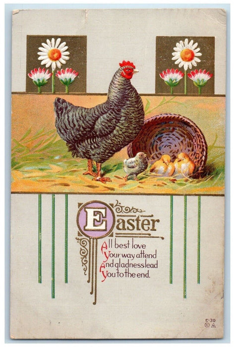 1913 Easter Chicken Hen Basket Chicks Daisy Flowers Embossed Antique Postcard