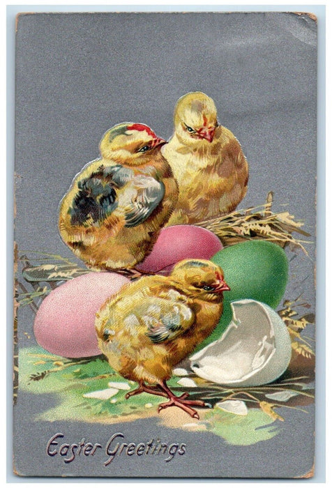 1910 Easter Greetings Hatched Egg Chicks Embossed Tuck's Antique Postcard