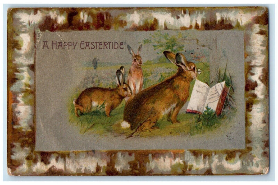 1909 Easter Anthropomorphic Bunny Rabbit Reading Glass Posted Antique Postcard