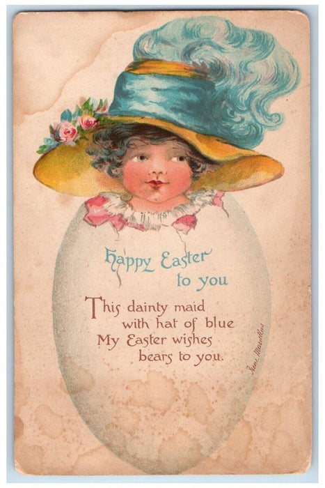 1914 Easter Girl Hatched Egg Big Hat Flowers Norwich Connecticut CT Postcard