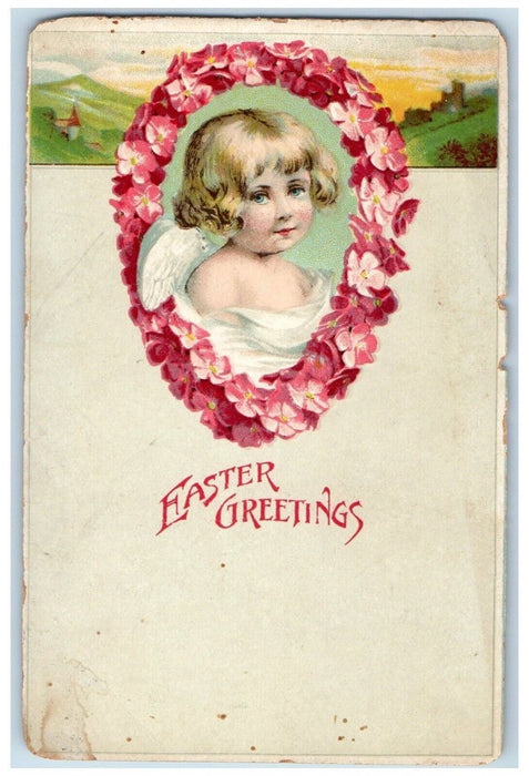 c1910's Easter Greetings Angel Pansies Flowers Embossed Antique Postcard