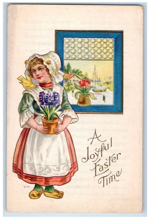 c1910's Easter Dutch Girl Maid Pansies Flowers Pot Embossed Antique Postcard