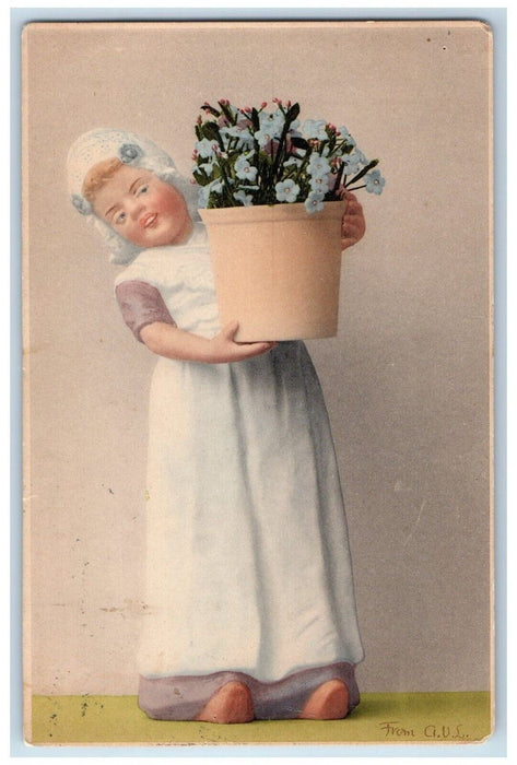 1905 Easter Dutch Girl Pansies Flowers Pot Embossed Posted Antique Postcard