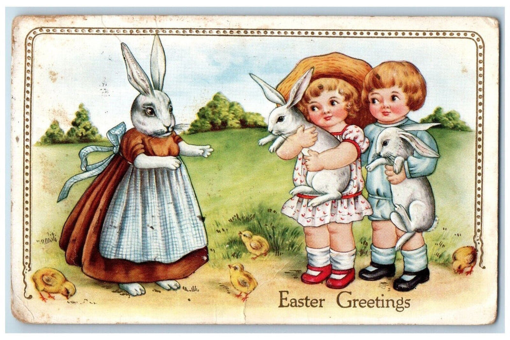 1915 Easter Greetings Anthropomorphic Rabbit Cached Children Postcard