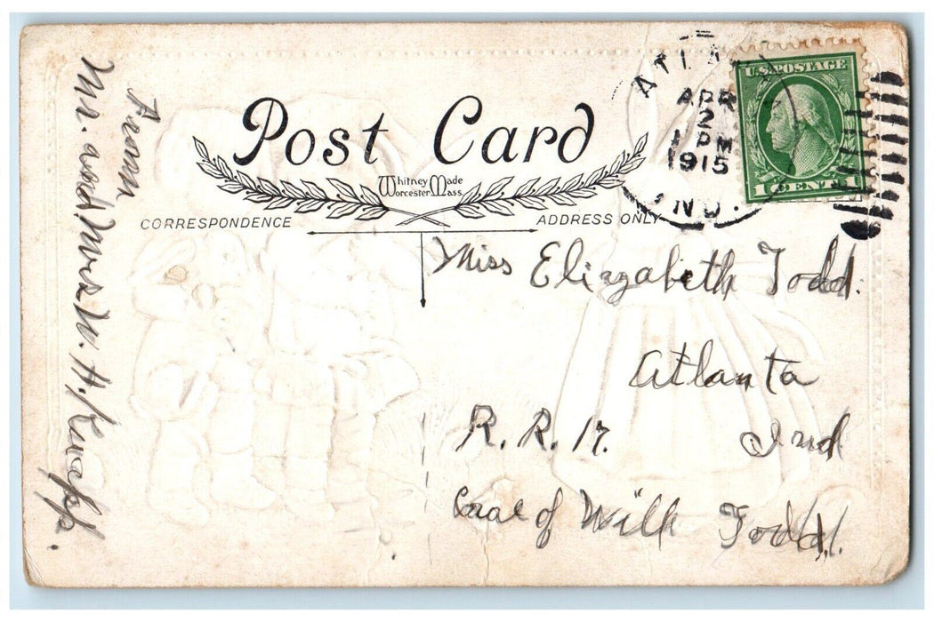 1915 Easter Greetings Anthropomorphic Rabbit Cached Children Postcard