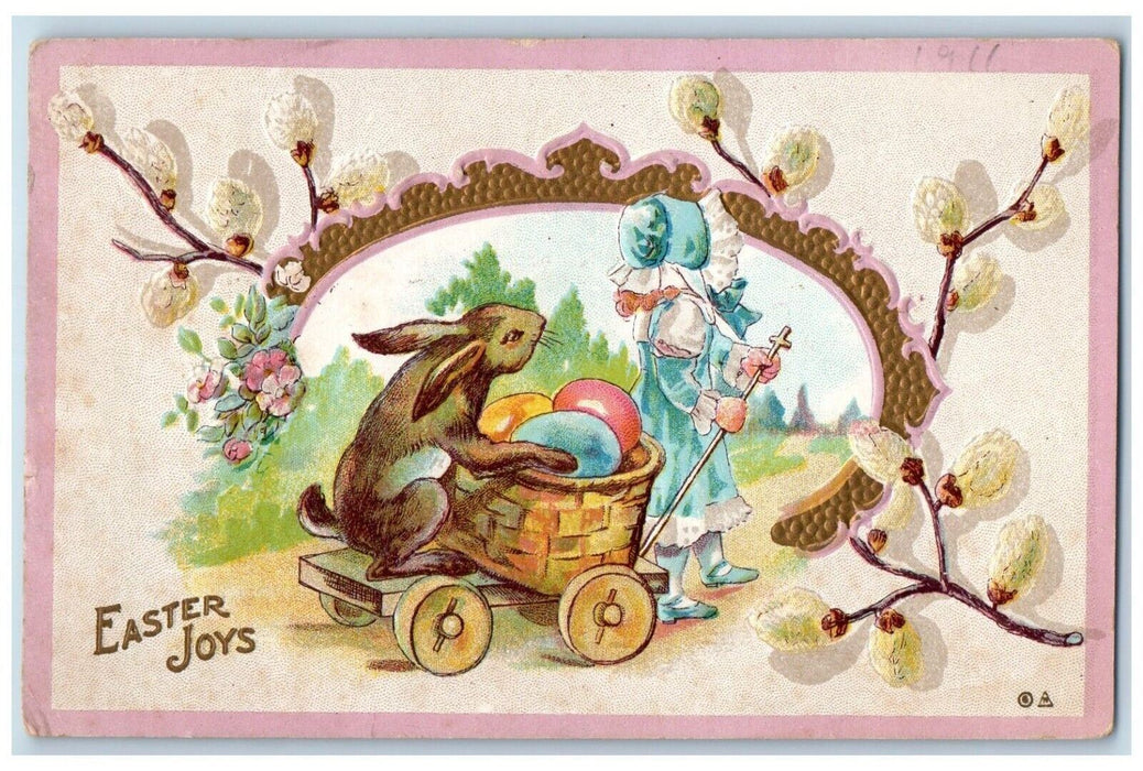 c1910's Easter Joys Girl Pulling Wagon Rabbit Basket Eggs Nash Embossed Postcard