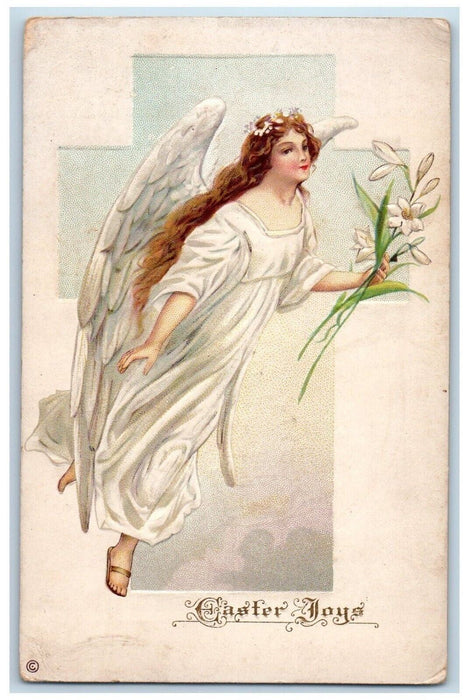 c1910's Easter Joys Floating Angel Lily Flowers Embossed Posted Antique Postcard