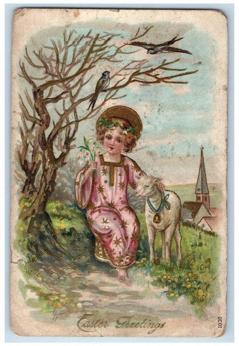 c1910's Easter Greetings Girl Lamb Lily Flowers Embossed Antique Postcard