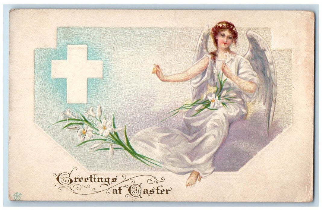 c1910's Easter Greetings Angel Cross Lily Flowers Embossed Antique Postcard