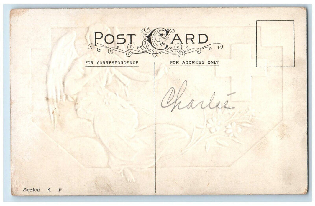 c1910's Easter Greetings Angel Cross Lily Flowers Embossed Antique Postcard