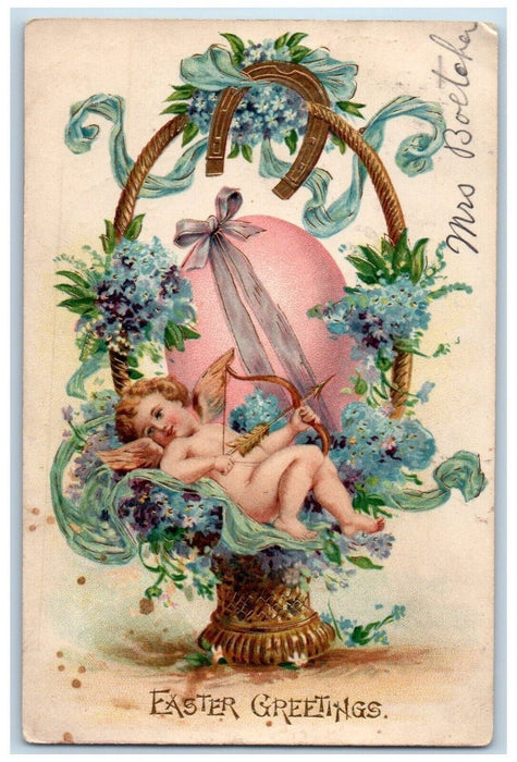 1911 Easter Greetings Cupid Angel Bow And Arrow Basket Flowers Horsehoe Postcard