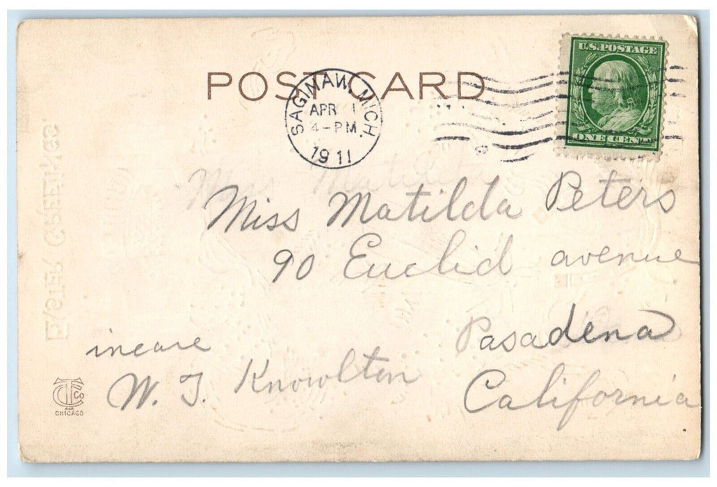 1911 Easter Greetings Cupid Angel Bow And Arrow Basket Flowers Horsehoe Postcard