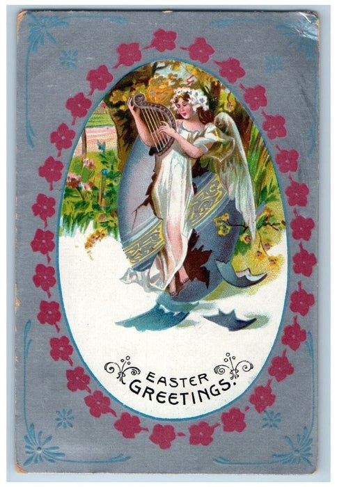 1911 Easter Greetings Angel Playing Harp Hatched Egg Embossed Antique Postcard