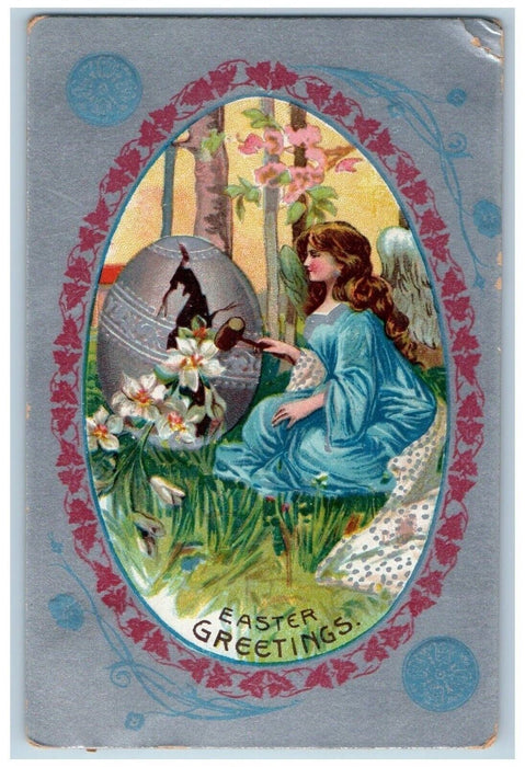 1911 Easter Greetings Angel Mallet Cracked Egg Lily Flowers Embossed Postcard