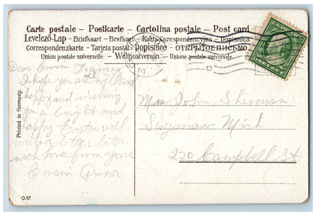 1911 Easter Greetings Angel Mallet Cracked Egg Lily Flowers Embossed Postcard
