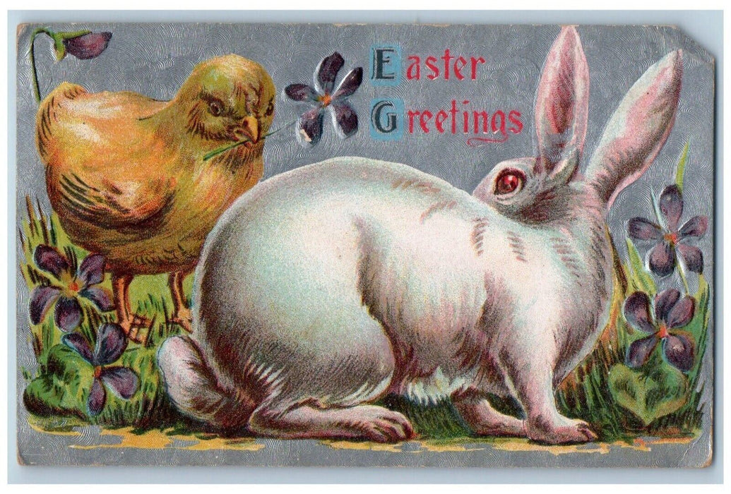c1910's Easter Greetings Rabbit Chicks Pansies Flowers Embossed Antique Postcard