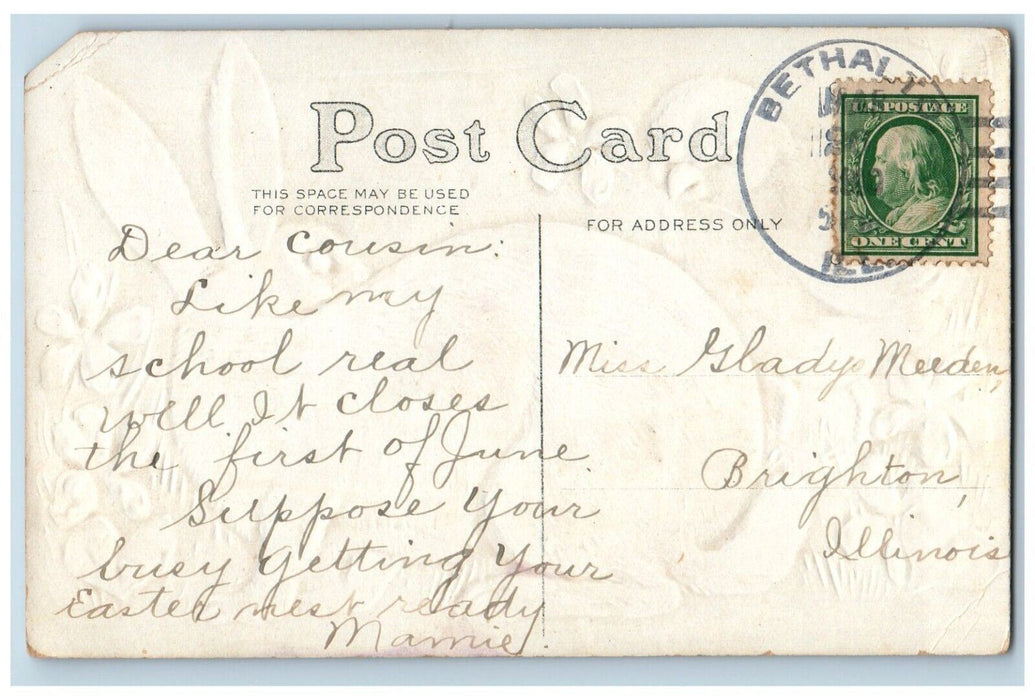 c1910's Easter Greetings Rabbit Chicks Pansies Flowers Embossed Antique Postcard
