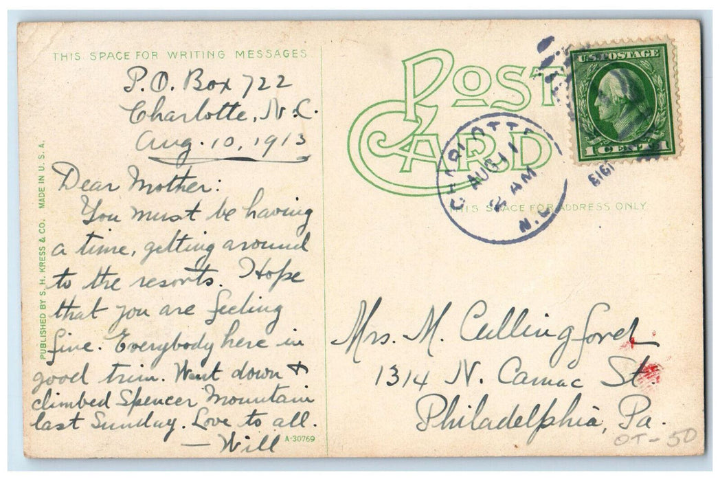 1913 South Tryon Charlotte North Carolina NC Antique Posted Postcard