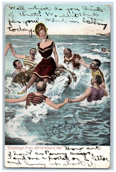 1906 Sea Waves Six Men One Woman Greetings from Old Orchard Maine ME Postcard