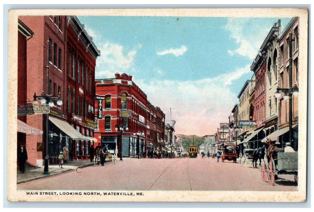c1920's Tailor Restaurant Peavy's Trolley Car Main Street Waterville ME Postcard