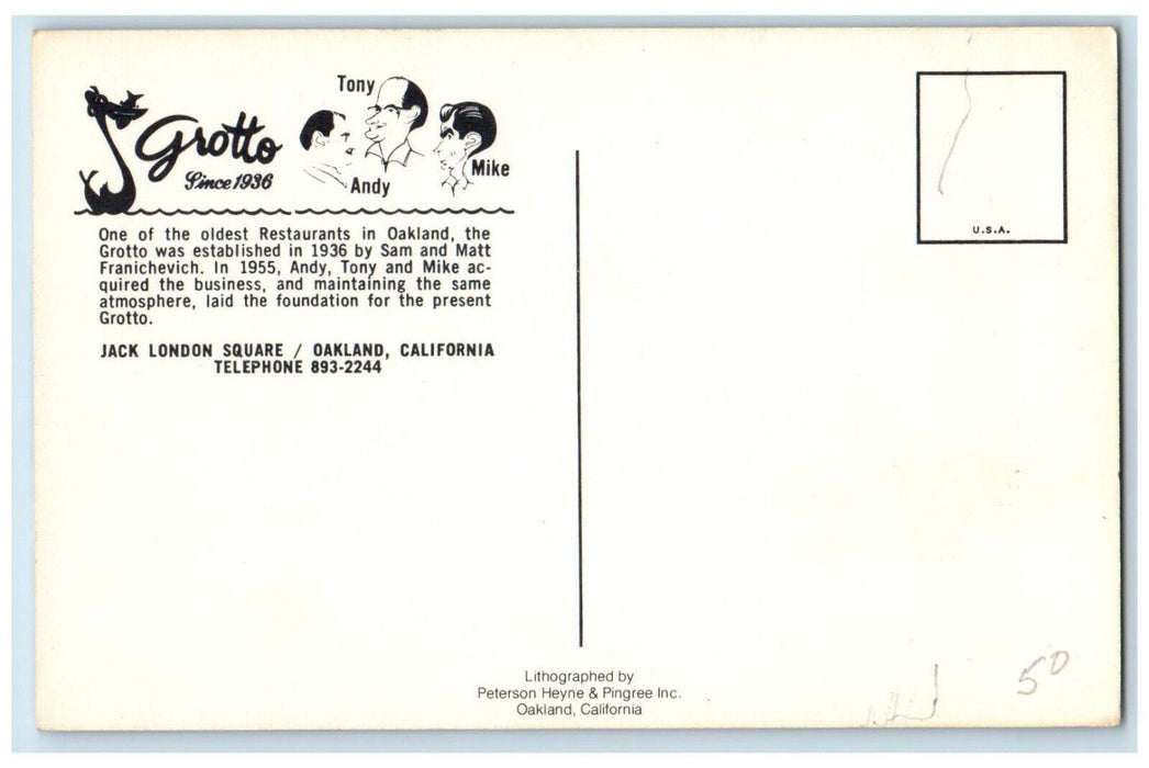 c1960's Three Yacht Boats Grotto Oldest Restaurant Oakland CA Vintage Postcard