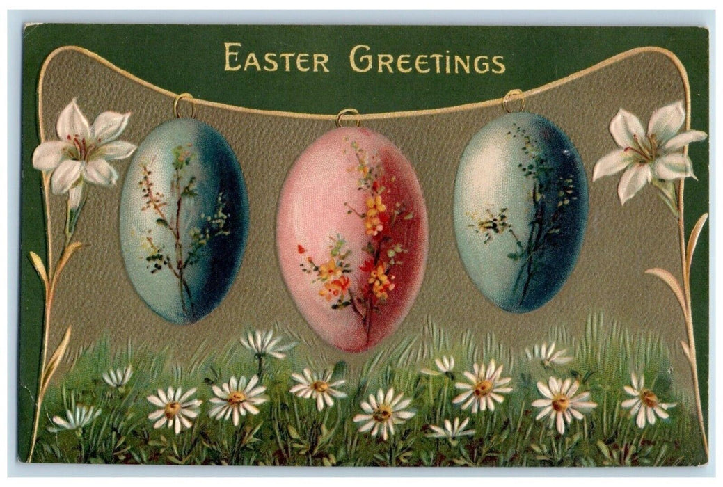 1908 Easter Greetings Eggs White Lily Flowers DPO Mountaindale PA Postcard