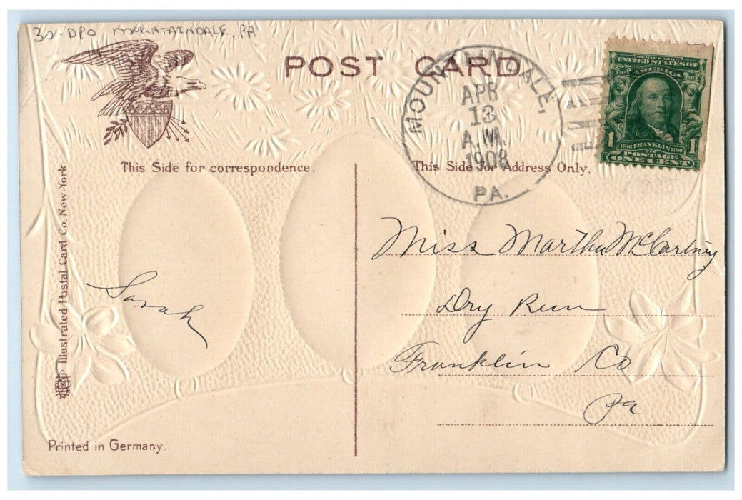 1908 Easter Greetings Eggs White Lily Flowers DPO Mountaindale PA Postcard