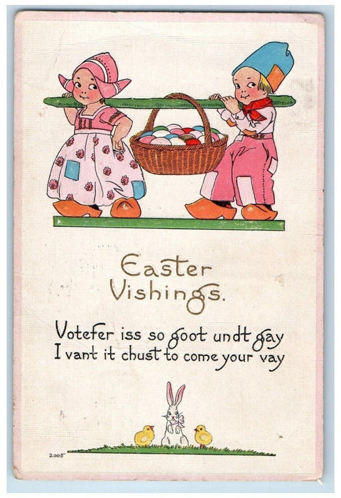 1916 Easter Vishings Dutch Boy Girl Carrying Basket Eggs Marion Iowa IA Postcard