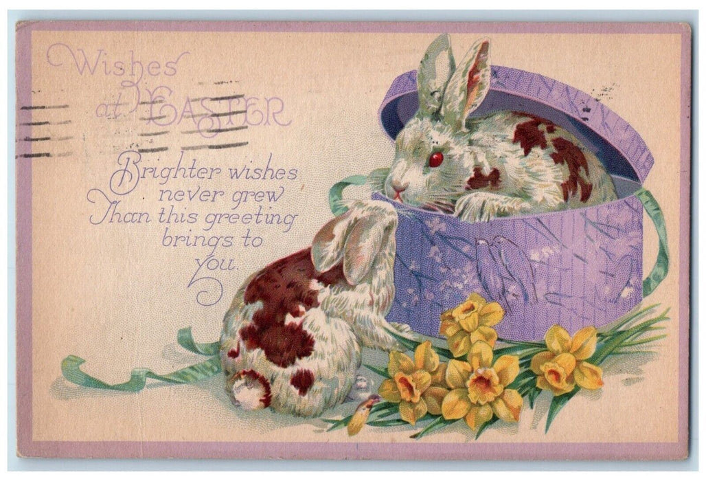 1925 Easter Bunny Rabbit Hat Box Yellow Flowers Posted Vintage Postcard