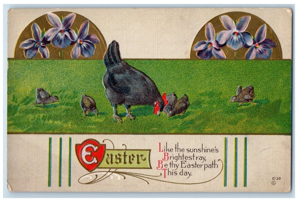 1915 Easter Chicken Hen Chicks Pansies Flowers Embossed Los Angeles CA Postcard