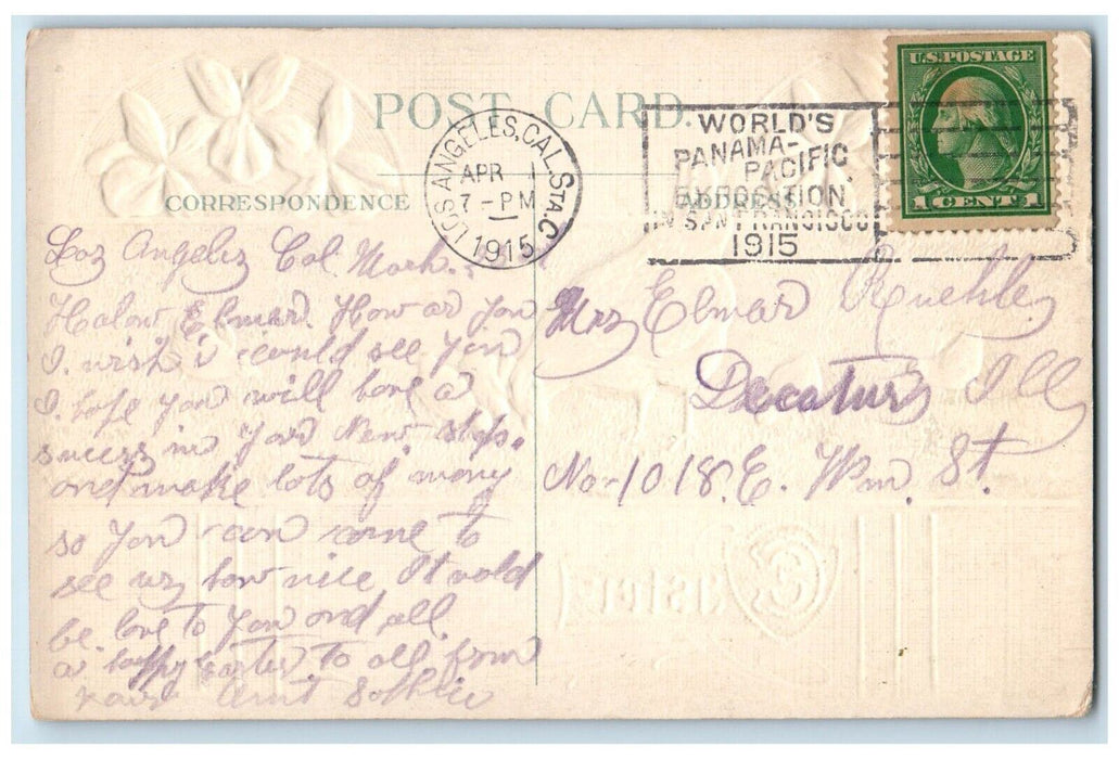 1915 Easter Chicken Hen Chicks Pansies Flowers Embossed Los Angeles CA Postcard