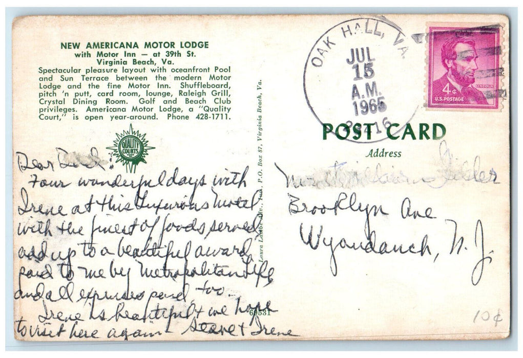 1965 New Americana Motor Lodge Virginia Beach VA Oak Hall VA Postcard