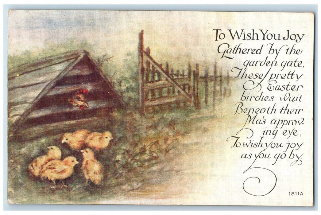 c1910's Easter Chicken Hen Chicks Garden Gate Fence Posted Antique Postcard