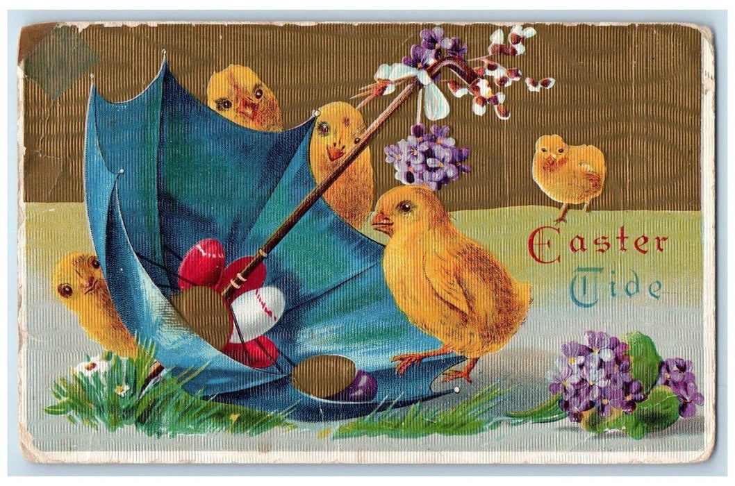 1913 Easter Chicks Umbrella Eggs Pansies Flowers Embossed Antique Postcard
