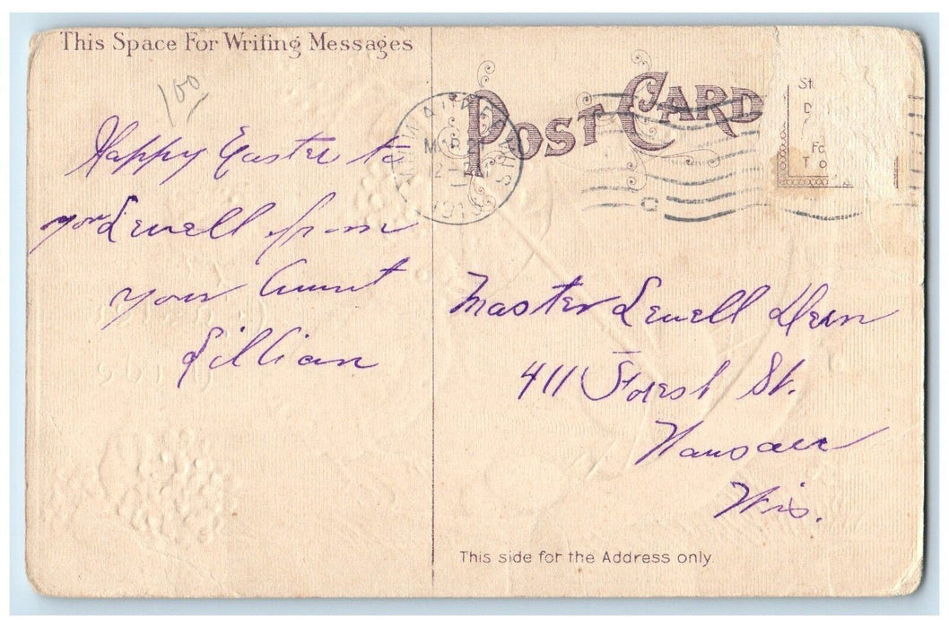1913 Easter Chicks Umbrella Eggs Pansies Flowers Embossed Antique Postcard