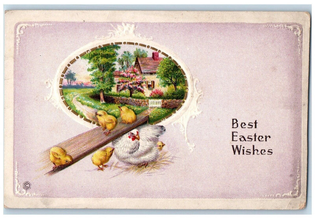 c1910's Easter Wishes Chicken Hen Wood Bridge House Flowers Embossed Postcard