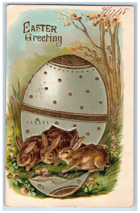1908 Easter Greeting Egg Hatched Rabbit Embossed Brooklyn New York NY Postcard