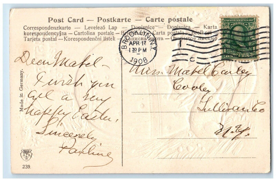 1908 Easter Greeting Egg Hatched Rabbit Embossed Brooklyn New York NY Postcard